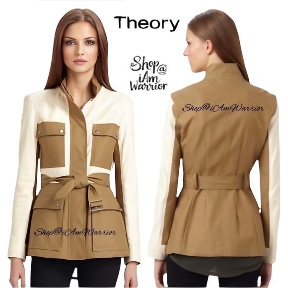 Theory color-block lamb leather & coated canvas belted jacket *shop@iamwarrior - Picture 3 of 11